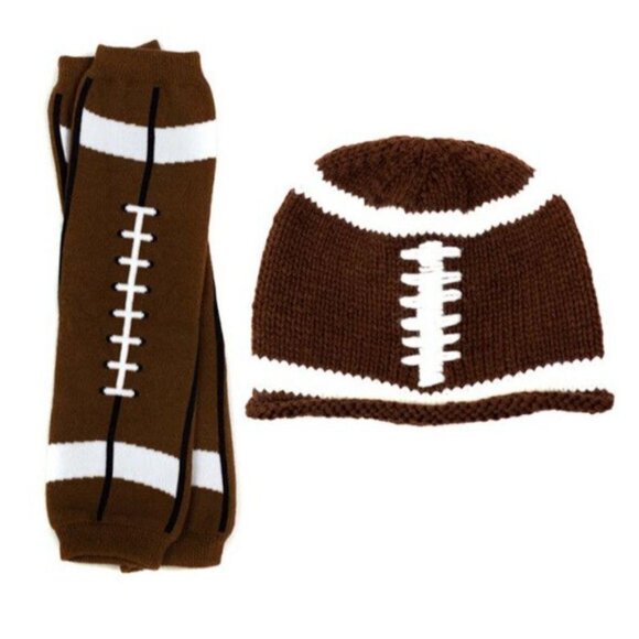 Beanie Hat Football Set Crochet Cap Leg Warmers Leggings Baby Boy Girl Knit New - Picture 1 of 14